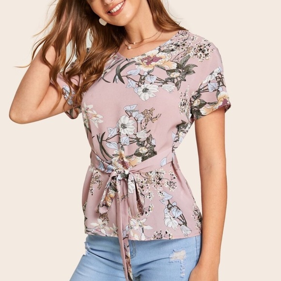 Botique Tops - Floral Print Belted Tie-Front Top